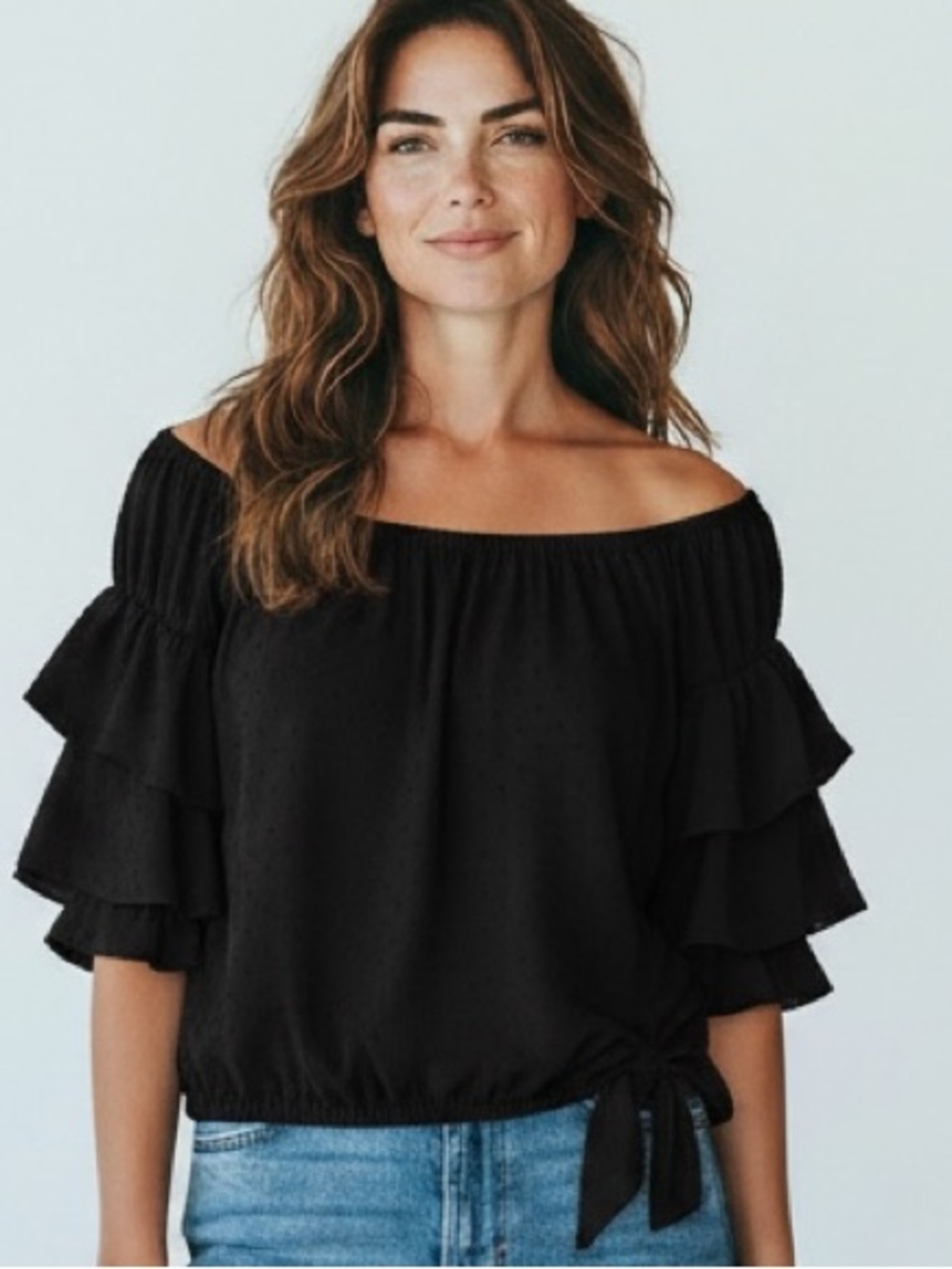 Vince Camuto Off Shoulder Swiss Dot Top XXL Black Ruched Sleeve Tie Hem Boho